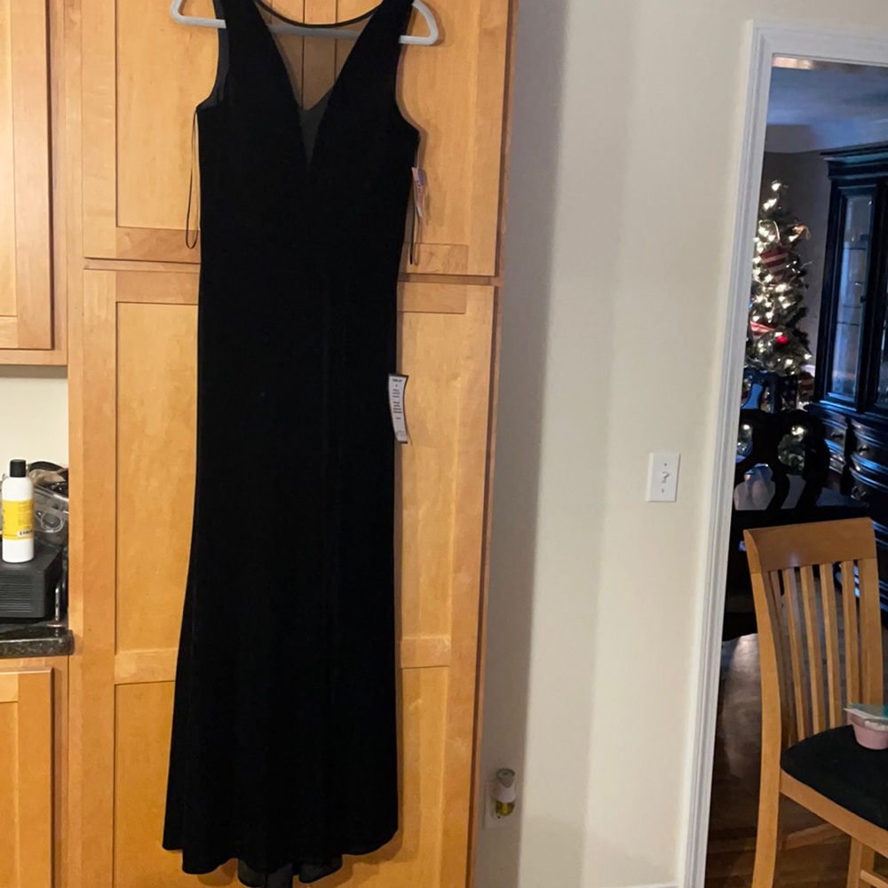 ELEGANT LONG BLACK DRESS. VELOUR VNECK MESH SEE THRU TO VNECK. THIS =CLASSY!